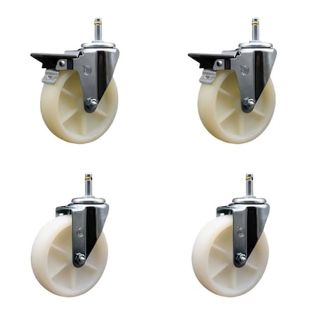 Service Caster 5'' Nylon Wheel Swivel 7/16'' Grip Ring Stem Caster Set 2 Brakes, 4PK SCC-GR20S514-NYS-PLB-716138-2-S-2
